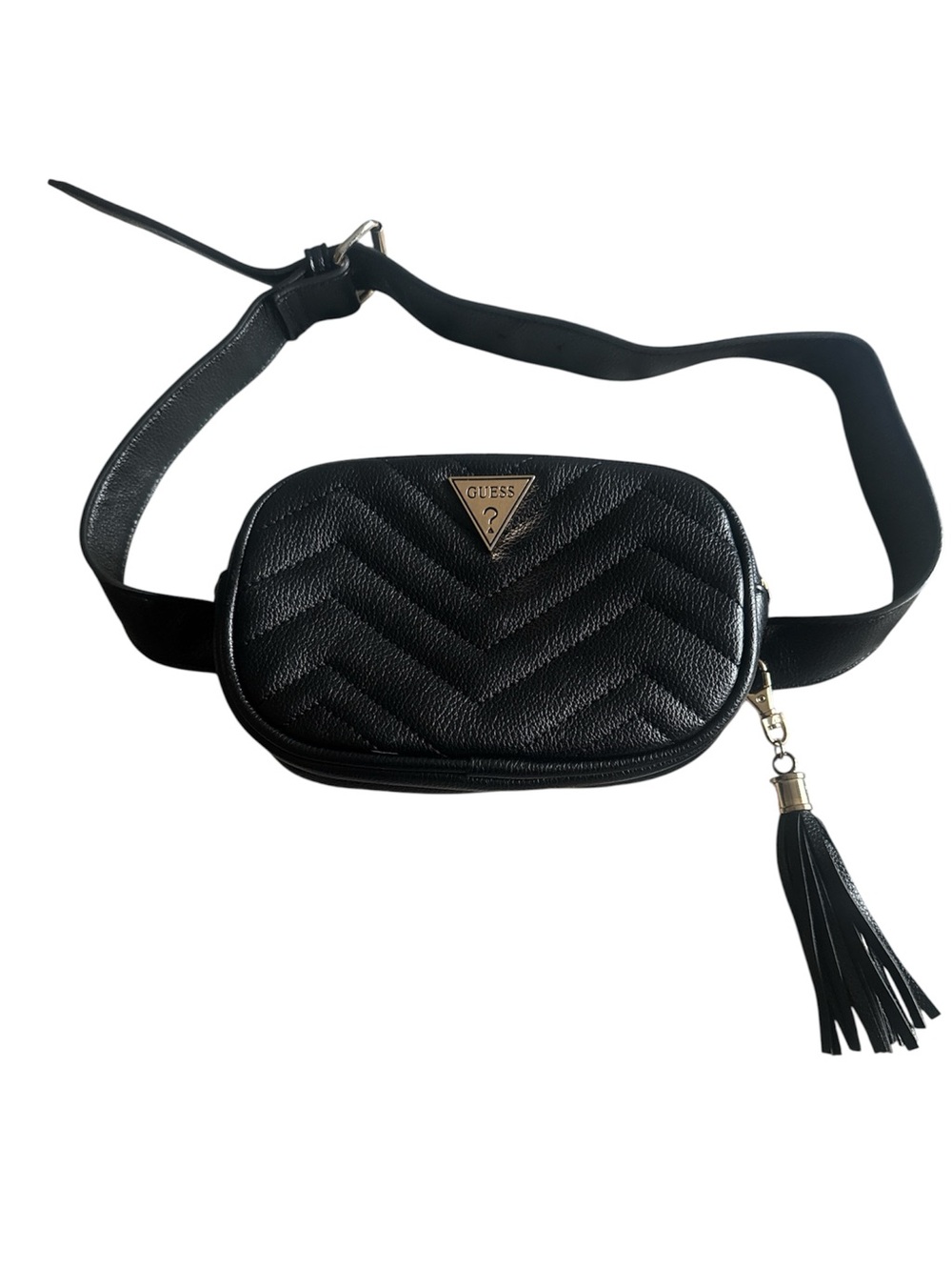 GUESS Black Quilted Chevron Belt Bag Crossbody Fanny Pack Tassel